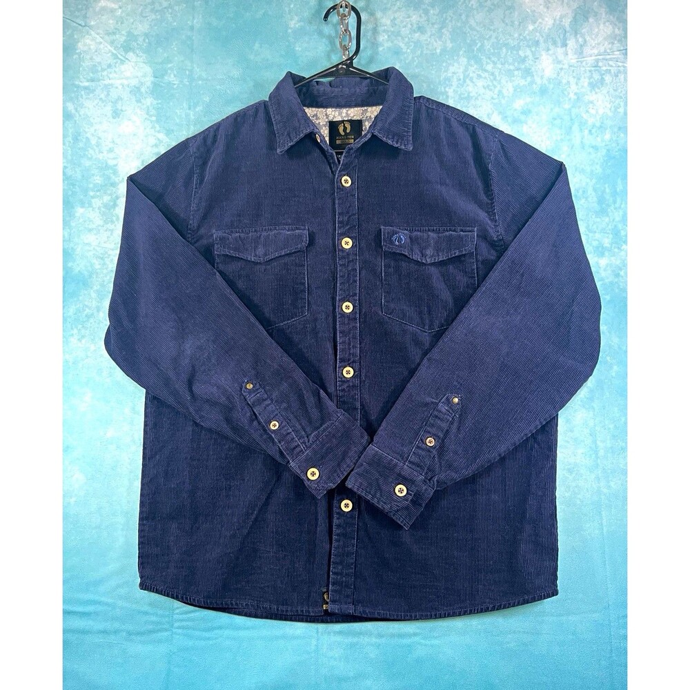Vintage VTG Hang Ten Gold Men's M Blue Corduroy Long Sleeve Button-Up w/ Pockets
